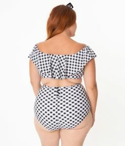 Swimwear Unique Vintage Plus Size Black & White Gingham High Waist Louise Swim Bottoms
