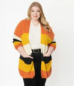 Heimish USA (Rachael) Plus Size Fall Stripe Open Cotton Knit Cardigan