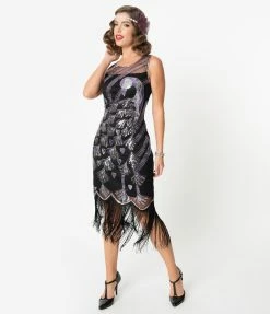 Clothing Unique Vintage 1920s Black & Purple Beaded Antoinette Peacock Flapper