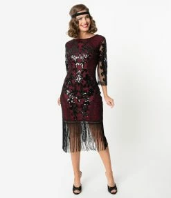 Unique Vintage 1920s Burgundy & Black Sequin Cocktail Celeste Flapper Dress Clothing