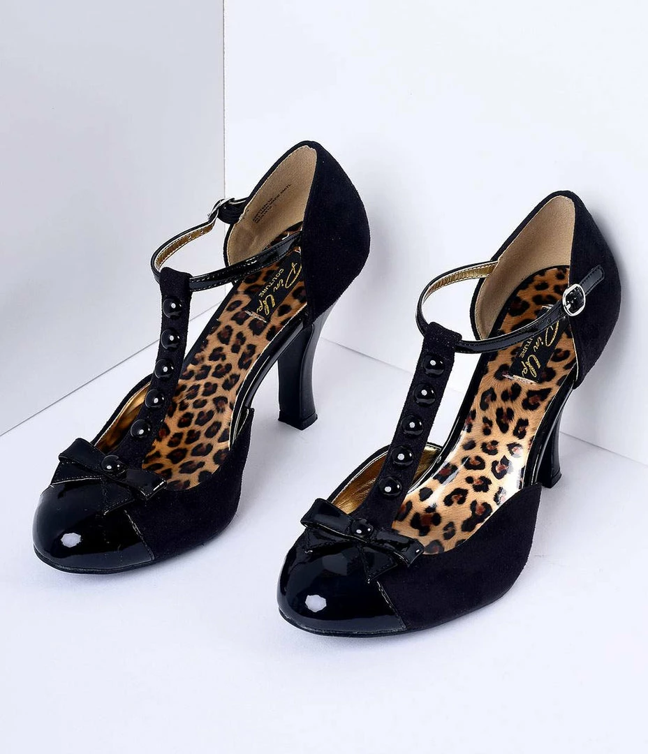 Pleaser Flapper Black Microsuede Button Up T-Strap Heels