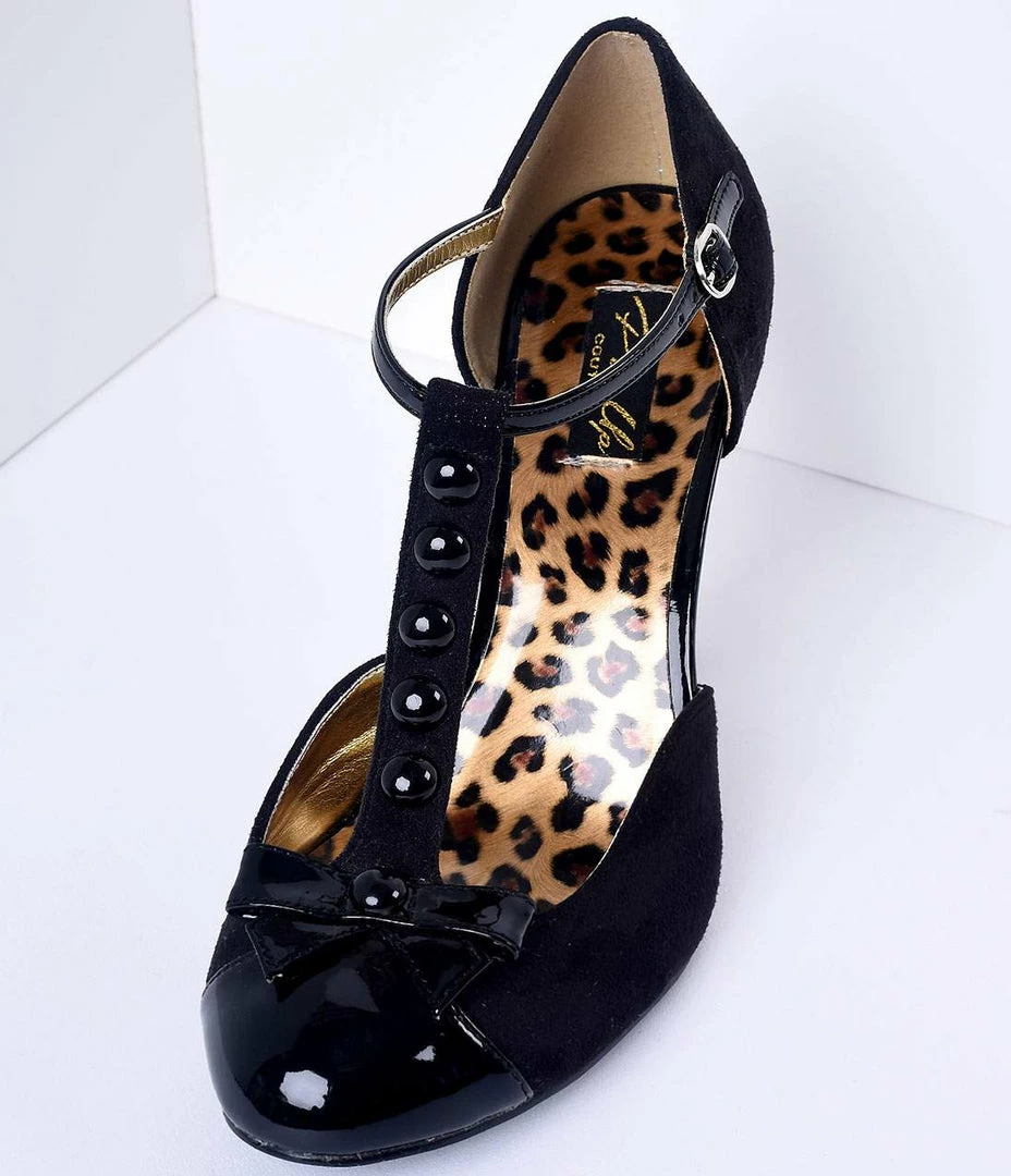 Pleaser Flapper Black Microsuede Button Up T-Strap Heels