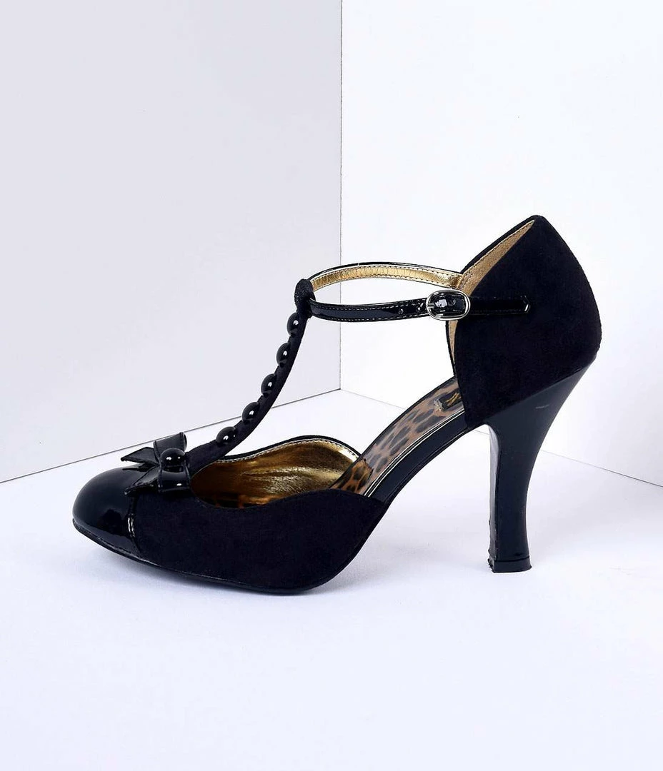 Pleaser Flapper Black Microsuede Button Up T-Strap Heels
