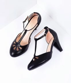In Touch Footwear Black Pleather Cutout Kimmy T-Strap Heels