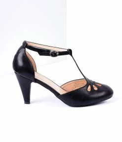 In Touch Footwear Black Pleather Cutout Kimmy T-Strap Heels