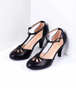 In Touch Footwear Black Pleather Cutout Kimmy T-Strap Heels