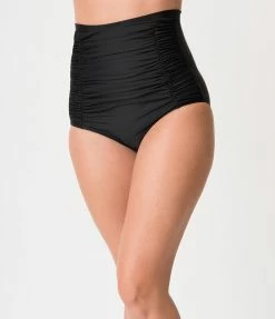 Unique Vintage All Black Monroe High Waist Bikini Bottom Swimwear