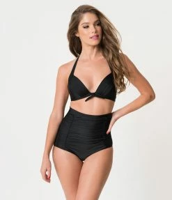 Unique Vintage All Black Monroe High Waist Bikini Bottom Swimwear
