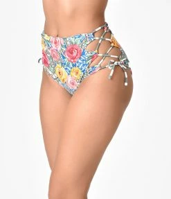 Gossip Swimwear Multicolor Roses Mosaic & Green Stripe Reversible Swim Bottoms