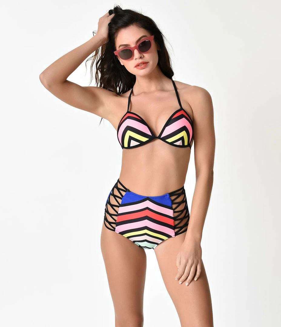Heat Swimwear Retro Style Multicolor Chevron Arrow T-Back Triangle Bikini Top