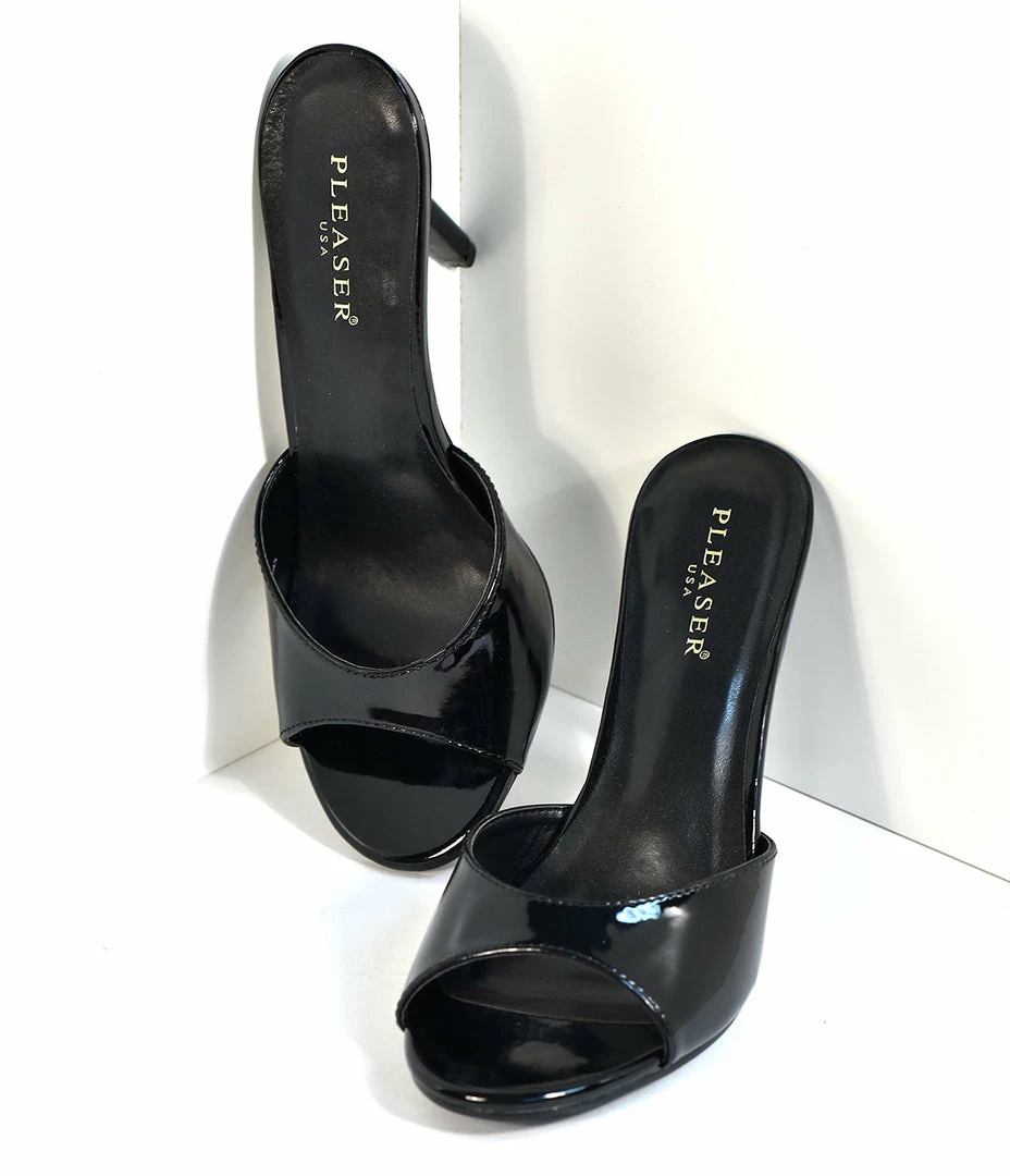 Pleaser Shoes Black Patent Leatherette Peep Toe Slip On Heels