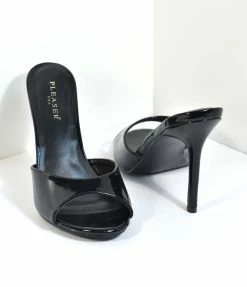 Pleaser Shoes Black Patent Leatherette Peep Toe Slip On Heels