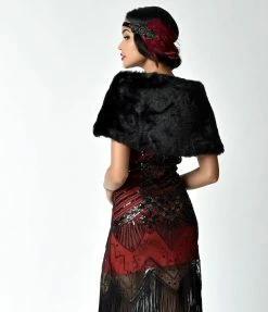 Flapper Unique Vintage Black Faux Fur Ribbon Tie Shrug