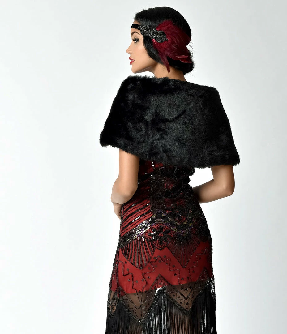 Flapper Unique Vintage Black Faux Fur Ribbon Tie Shrug