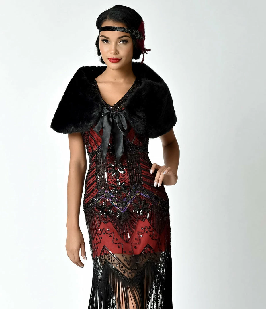 Flapper Unique Vintage Black Faux Fur Ribbon Tie Shrug