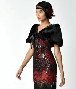 Flapper Unique Vintage Black Faux Fur Ribbon Tie Shrug