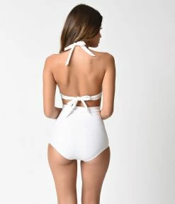 Swimwear Unique Vintage 1950s Solid White Monroe Halter Swim Top