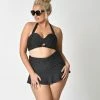 Unique Vintage Plus Size Black & Ivory Pin Dot Skirted High Waist Alice Swim Bottoms