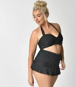 Unique Vintage Plus Size Black & Ivory Pin Dot Skirted High Waist Alice Swim Bottoms