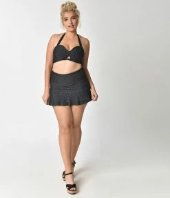 Unique Vintage Plus Size Black & Ivory Pin Dot Skirted High Waist Alice Swim Bottoms